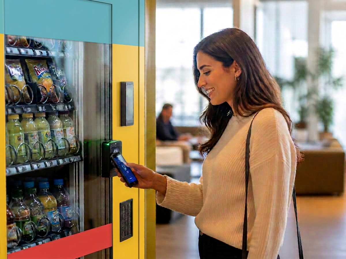Smiling professional tapping her phone to pay at a modern Snack Parrot vending machine in an office break room