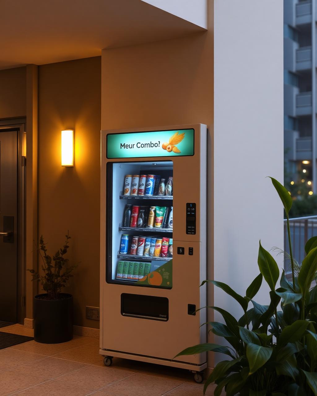 Combo vending machine in an apartment building lobby
