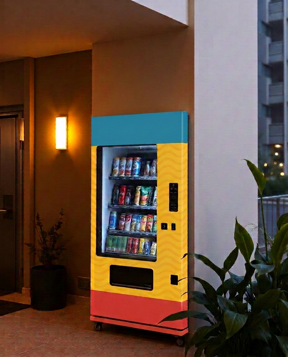 Combo vending machine in an apartment building lobby