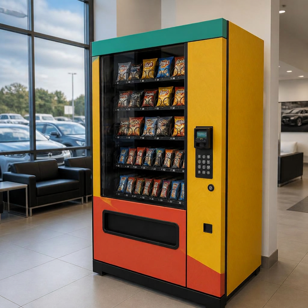 Vending machine in an auto dealership waiting lounge