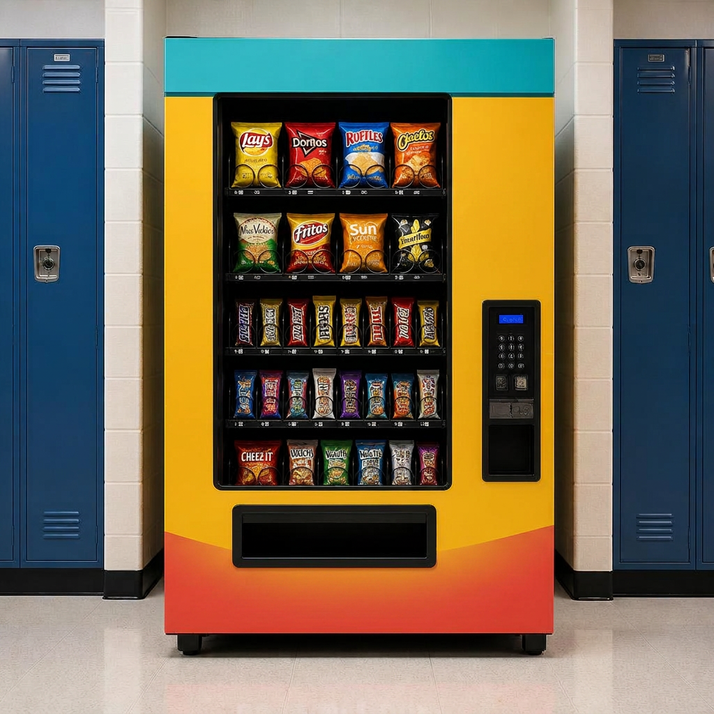 Vending machine in a school hallway