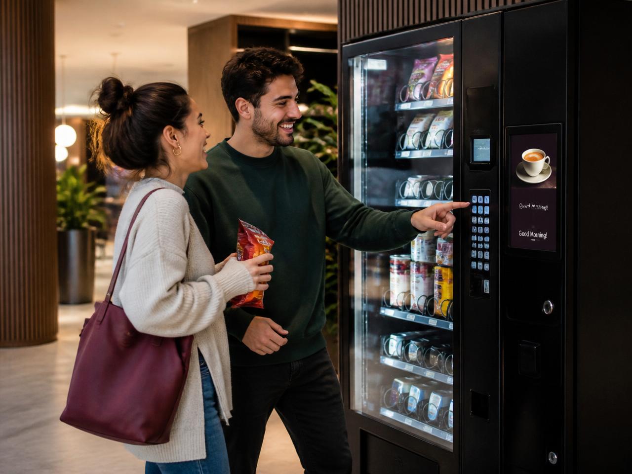 Residents laughing while choosing snacks from a lobby vending machine
