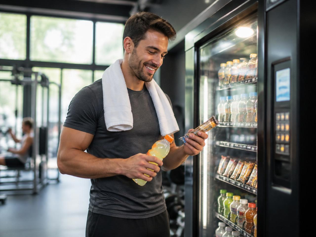 Gym member grabbing a protein bar and sports drink from a vending machine
