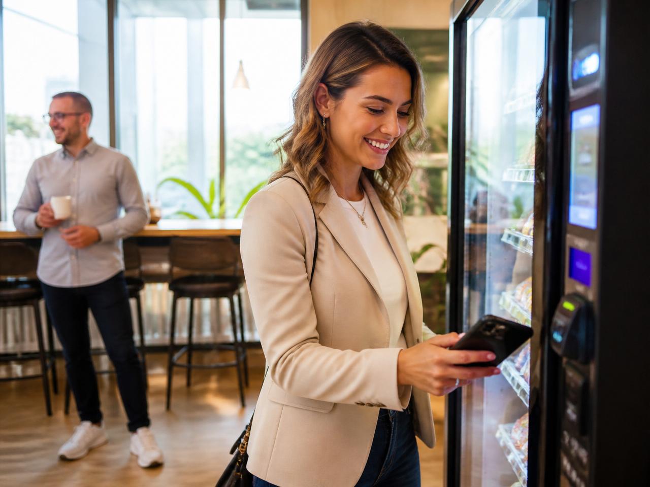 Office worker tapping her phone to pay at a Snack Parrot vending machine