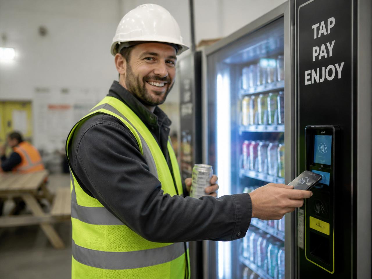 Warehouse worker tapping to pay at an industrial vending machine
