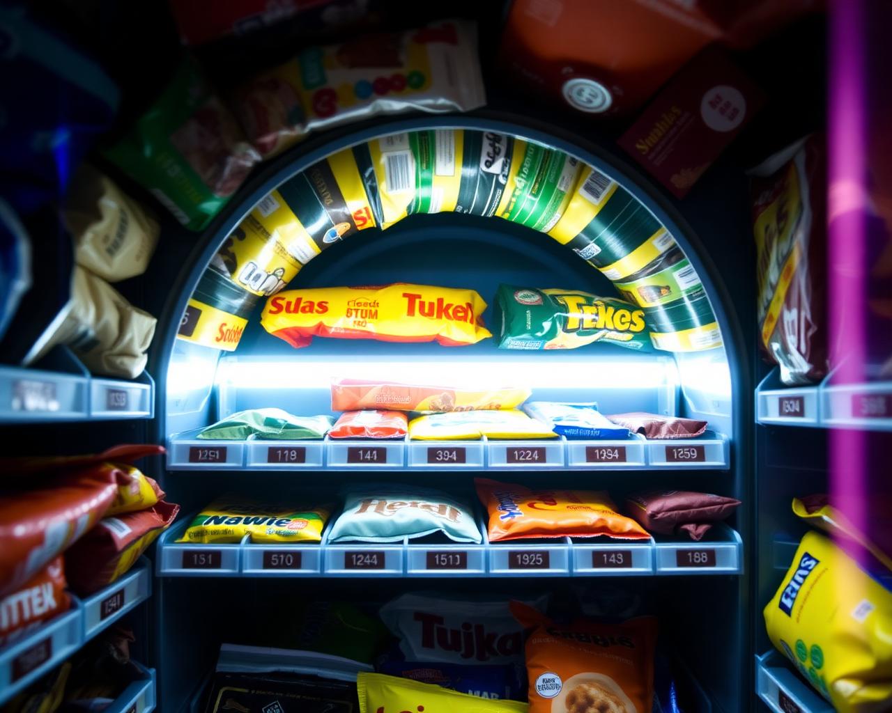 Inside a fully stocked vending machine with colorful snacks
