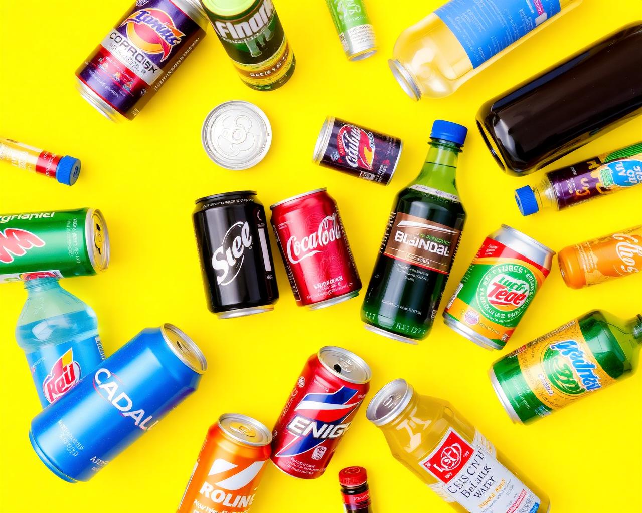 Sodas, energy drinks, and water bottles on a yellow background