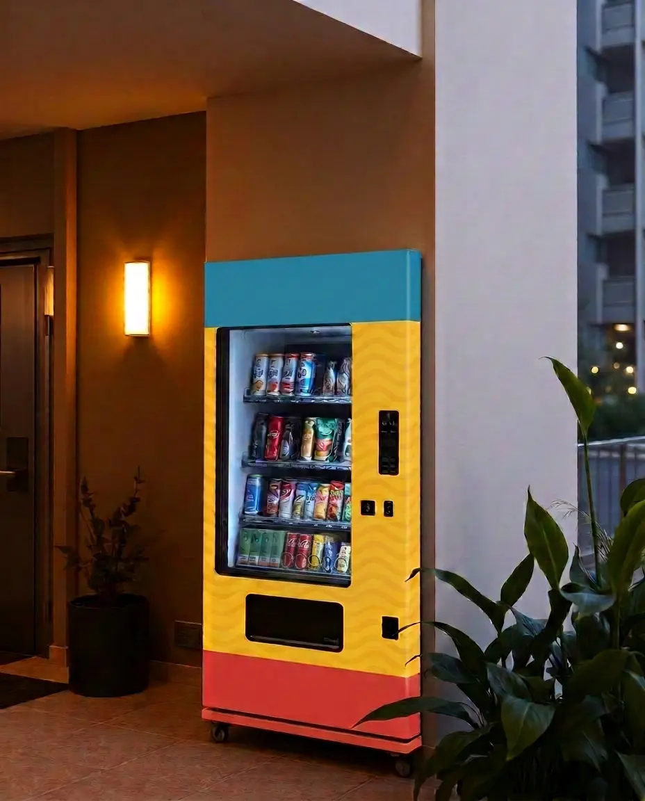 Snack Parrot vending machine in an Irvington apartment building lobby