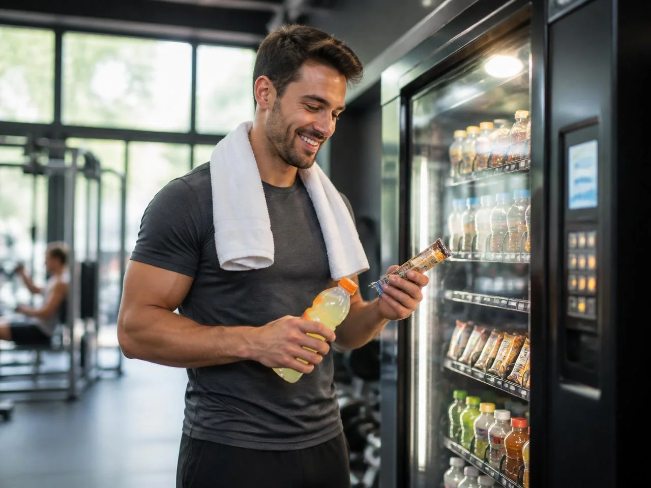 Gym member grabbing a protein bar and sports drink from a Snack Parrot vending machine in Hackensack
