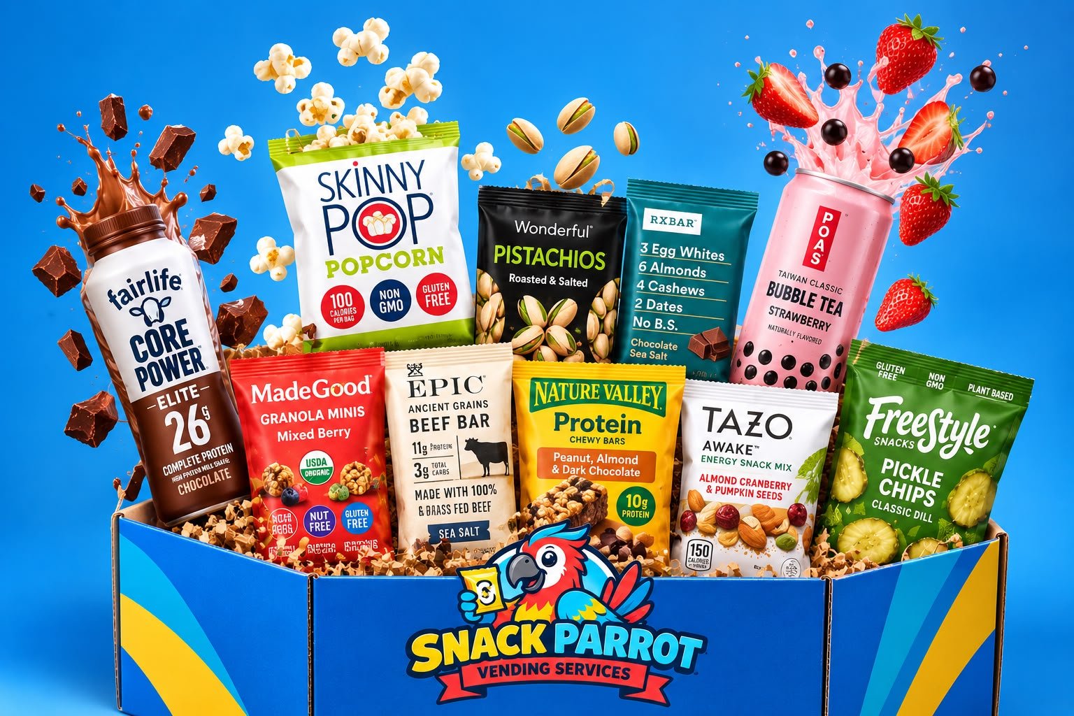 Snack Parrot Vending Services box with snacks and drinks on a bright blue background